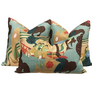 Schumacher Pearl River Linen Pillow in Jade. Designer Tan Aqua Pillow Cover Case, Chinoiserie Lumbar Linen Pillow, Chinoiserie Chic Cushion