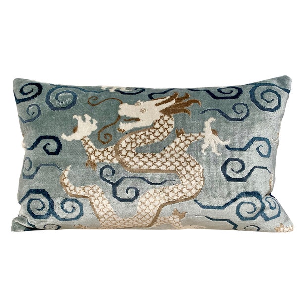 Schumacher Bixi Velvet Pillow Celestine. Dragon Velvet Accent Decorative Pillow Cover, Chinoiserie High End Pillows, Desiger Cushions