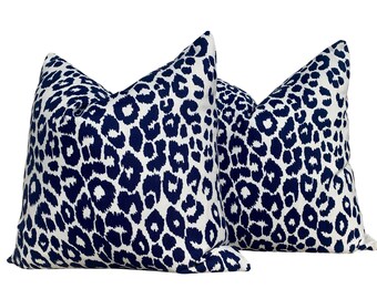 Schumacher Outdoor  Iconic Leopard Pillow Navy Blue. Decorative Outdoor Pillow, Designer Blue Cushion Cover, Animal Print Outdoor Pillows