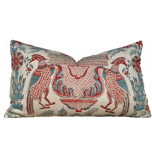 Thibaut Palampore Bird Lumbar Pillow in Red and Blue. Designer Decorative Lumbar Pillows, High End Pillow Cover, Accent Bird Print Pillows