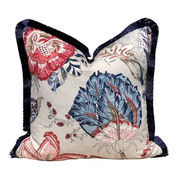 Kalamkari Pillow Red and Blue Navy Brush Fringe. Lumbar Pillow Chinoiserie Pillow Accent Cushion Cover Decorative Pillow Etsy