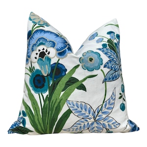 Floral Pasadena Pillow in Blue and Green. Decorative Accent Cushion Cover, Euro Sham Floral for Bed Sofa, Lumbar Pillow, Designer Pillows