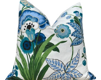 Floral Pasadena Pillow in Blue and Green. Decorative Accent Cushion Cover, Euro Sham Floral for Bed Sofa, Lumbar Pillow, Designer Pillows