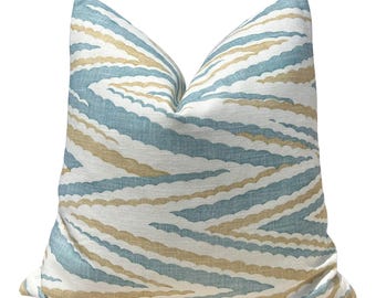 Thibaut Highland Peak Pillow in Aqua Blue, High End Pillows, Designer Zig Zag Aqua Cushion Cover,  Euro Sham Case, Geometric Pillows