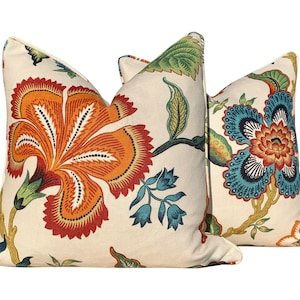 Schumacher Hothouse Floral Pillow in Hot Spark. Lumbar Floral Pillow. Designer Pillow Covers, Accent Floral Throw Pillows in Spice and Green