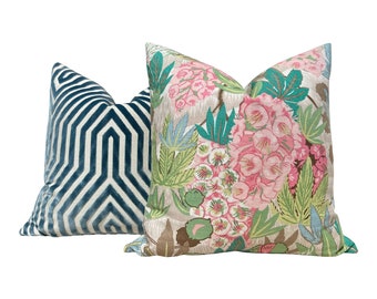 Schumacher Del Lungo Exotic Floral Pillow Pink Teal Green. Tropical Blush Pillow // Designer Pillows // Euro Sham Covers // Floral Pillow