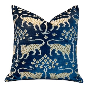 Schumacher Woodland Velvet Pillow Navy Blue and Gold. Luxury Decorative Pillow, Designer Modern Cushions, High End Pillows Covers 20x20