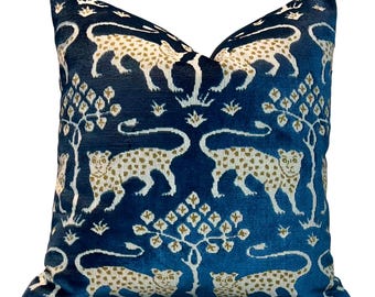 Schumacher Woodland Velvet Pillow Navy Blue and Gold. Luxury Decorative Pillow, Designer Modern Cushions, High End Pillows Covers 20x20