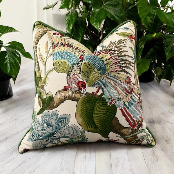 Schumacher Cranley Garden Pillow Green and Red – Designer Chinoiserie Pillow, Luxury Green Euro Sham