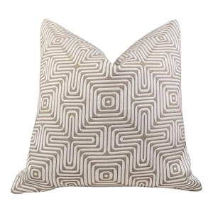 Schumacher Amazing Maze Indoor/Outdoor Decorative Pillow in Sand. Designer Beige Pillow Cover, Outdoor Geometric Neutral Pillow Decor