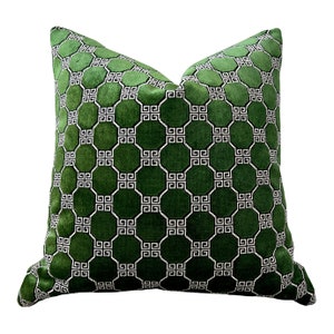 Schumacher Octavia Velvet Pillow in Emerald. Designer Greek Key Cushions, Designer Geometric Cushion Covers, High End Contemporary Pillows