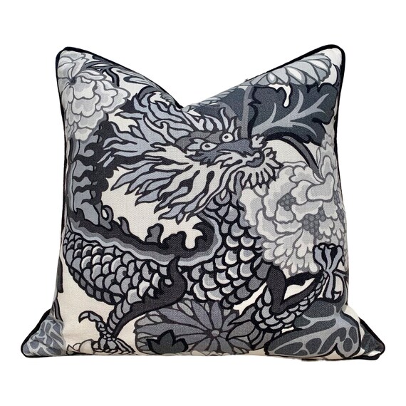Schumacher Chiang Mai Dragon Pillow In Smoke Lumbar Linen Etsy
