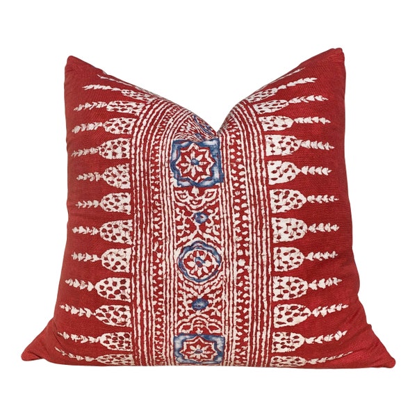 Thibaut Javanese Stripe Pillow in Red. Lumbar Striped Pillow, Boho Red Pillow, Euro Sham 26X26, Blue and Red Cushion Cover,