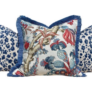 Thibaut Chatelain Pillow Cover in Blue Red, Blue Brush Fringe. Designer Pillow Cover, Accent Floral Pillows, High End French Blue Cushion