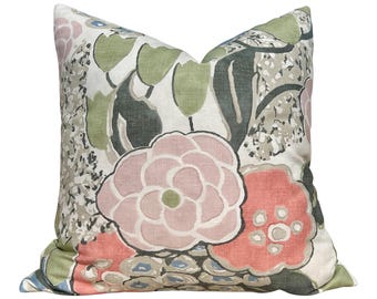 Thibaut Laura Pillow Cover in Blush and Green – Linen Floral Decorative Throw Pillow, Bold  Floral Cushion, Designer Home Décor Accent
