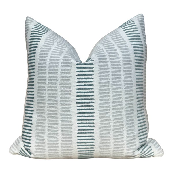 Outdoor/ Indoor Top Sail Striped Pillow Sterling, Slate. Designer Decorative Pillows, Sunbrella Outdoor Gray Pillow Covers, High End Pillows