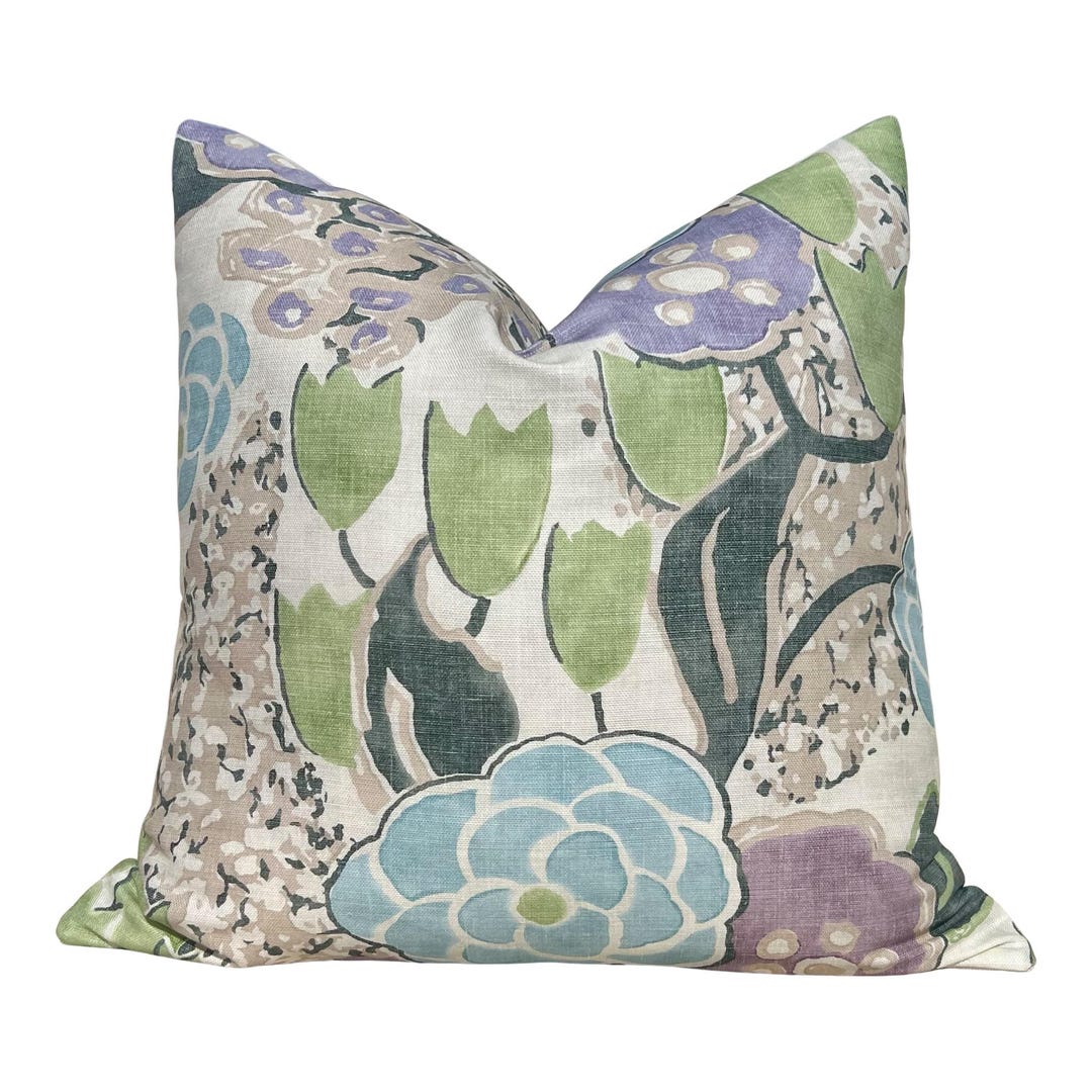 Thibaut Laura Pillow Cover in Lavender and Green – Linen Floral Decorative Throw Pillow, Bold Floral Cushion, Designer Home Décor Accent - 20"X20" inches