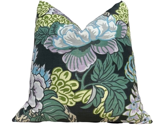 Thibaut Honshu Gray Purple Green Chinoiserie Floral Decorative Pillow