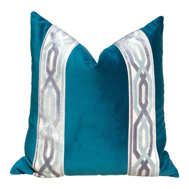 Teal Velvet Pillow Wth Velvet Tape Trim. Lumbar Velvet Pillow Etsy