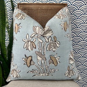 Thibaut Lily Flower Pillow in Light Blue and Tan. Lumbar Pillow Cover in Sky Blue, Designer Floral Pillow, Euro Sham Case for Bedding Decor,