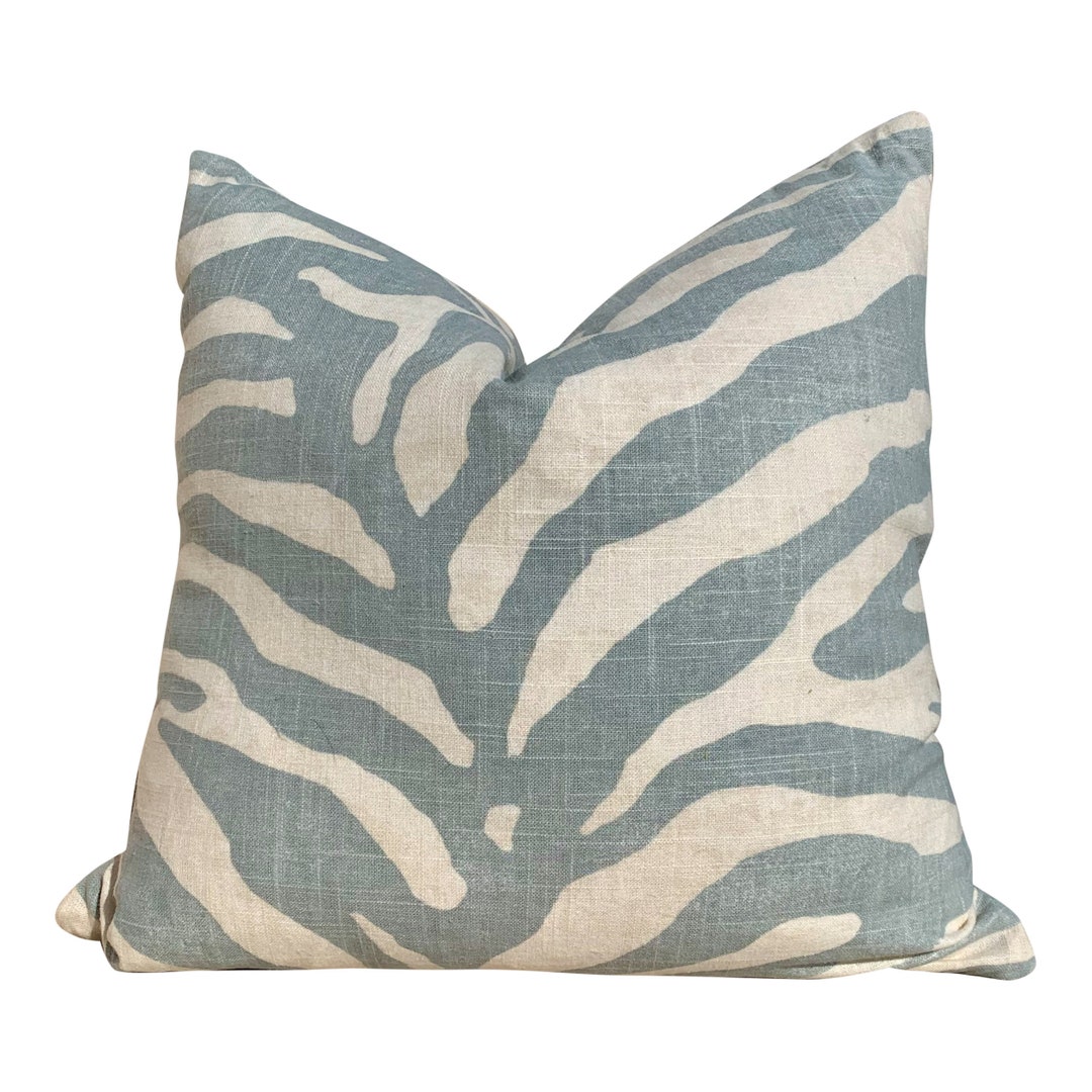 Animal Skin Pillow in Spa Blue. Zebra Lumbar Cushion Cover, Accent