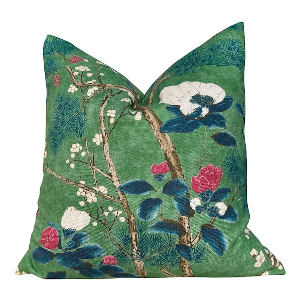 Katsura Pillow - Emerald Green. Designer Floral Linen Pillows,  Euro Sham Case 26X26, Chinoiserie Garden Pillows Green, Navy Blue, Raspberry