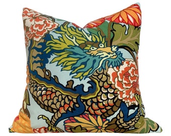 Schumacher Chang Mai Dragon Pillow in Aquamarine. Chinoiserie Accent Linen Pillows in Aqua Blue, High End Designer Cushion Cover