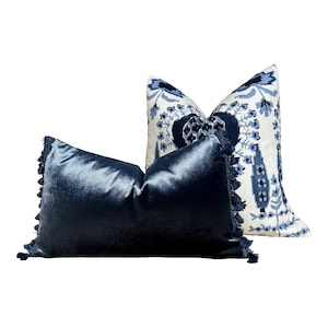 May include: Two decorative throw pillows with blue and white patterns. The pillow on the left is a solid dark blue velvet with a fringe trim. The pillow on the right is a white fabric with a blue floral pattern.