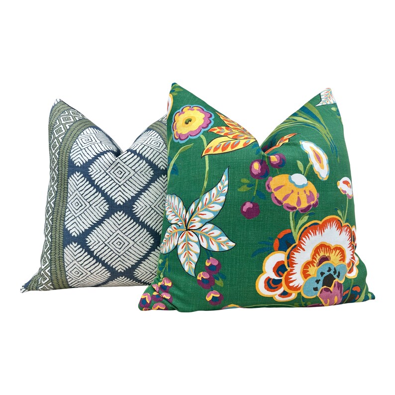 Striped Pillow in Navy Blue and Green. Designer Decorative Etsy