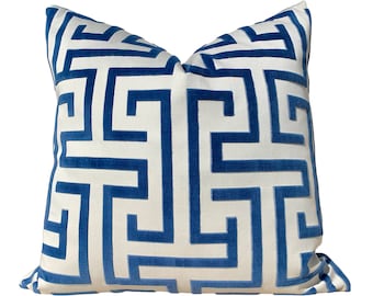 Thibaut Ming Trail Pillow Ocean Blue. Geometric Blue White Pillows, Velvet Round Bolster, Decorative Trellis Pillow, Designer Accent Cushion