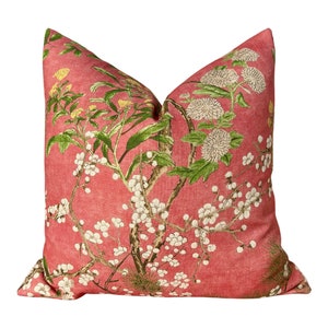 Thibaut Katsura Pillow in Coral, Green. Designer Accent Linen Pillows, High End Floral Pillows, Euro Sham Cover, Decorative Lumbar Pillows,