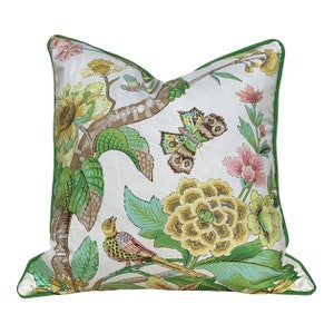 Schumacher Cranley Garden Pillow in Light Green, Yellow, Pink. Chinoiserie Designer Cushion, Luxury Decorative Euro Sham, Botanical Pillows