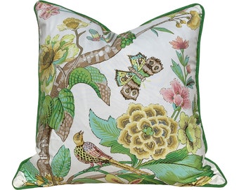 Schumacher Cranley Garden Pillow in Light Green, Yellow, Pink. Chinoiserie Designer Cushion, Luxury Decorative Euro Sham, Botanical Pillows