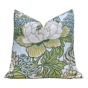 Thibaut Honshu Pillow in Robin’s Egg Blue, Chinoiserie Floral Pillow, Designer Botanical Cushion, Euro Sham Pillow Cover in Aqua and Green