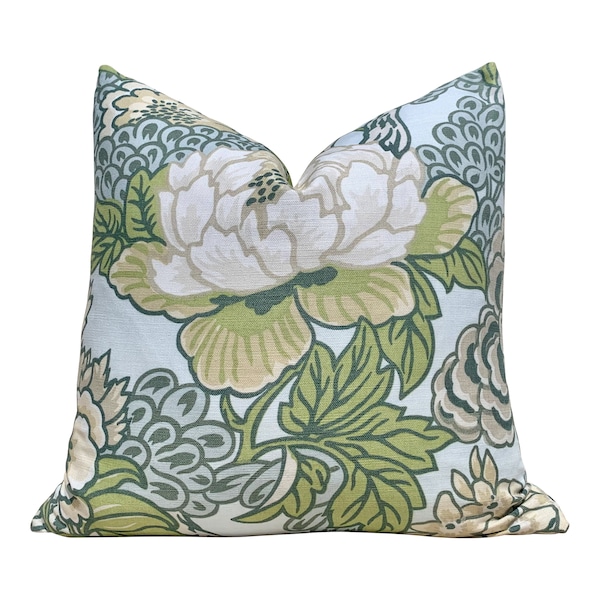 Thibaut Honshu Pillow in Robbin's Egg. Chinoiserie Floral Pillow Spa, High End Cushion, Euro Sham, Designer Botanical Throw in Aqua Blue