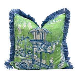 Cheng Toile Pillow in Green and Blue. Chinoiserie Pillow Cover, Designer Pillow, Decorative Pillow, Accent lumbar pillow, Pagoda Pillow