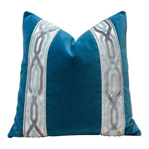 Sale!!!!! Set of 2 20"X20" Ready to Ship Designer Teal Velvet Pillow with Velvet Tape Trim. Lumbar Velvet Pillow in Teal