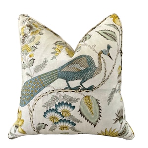 Schumacher Campagne Pillow in Spa Blue. Lumbar Linen Pillow, Designer Pillows, High End Pillows, Yellow Aqua Blue Pillow Case Bird Print