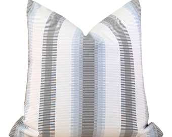 Thibaut Outdoor Woven Samba Stripe Pillow - Charcoal, Mineral. Outdoor Striped Pillows, Accent Performance Cushions, Coastal Patio Pillow