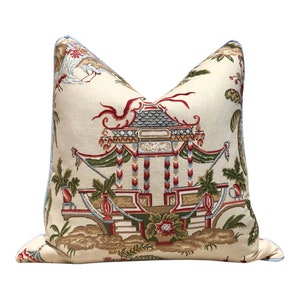 Thibaut Tea House Chinoiserie Pillow, Blue Pipping. Chinoiserie Pillow Cover, Designer Pillows, High End Pillows.