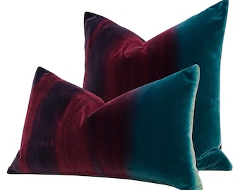 Ombre Velvet  Pillow Lagoon, Burgundy and Loganberry. Amazilia Plush Velvet Pillows, high End Designer Pillows, Luxury Velvet Pillow Covers