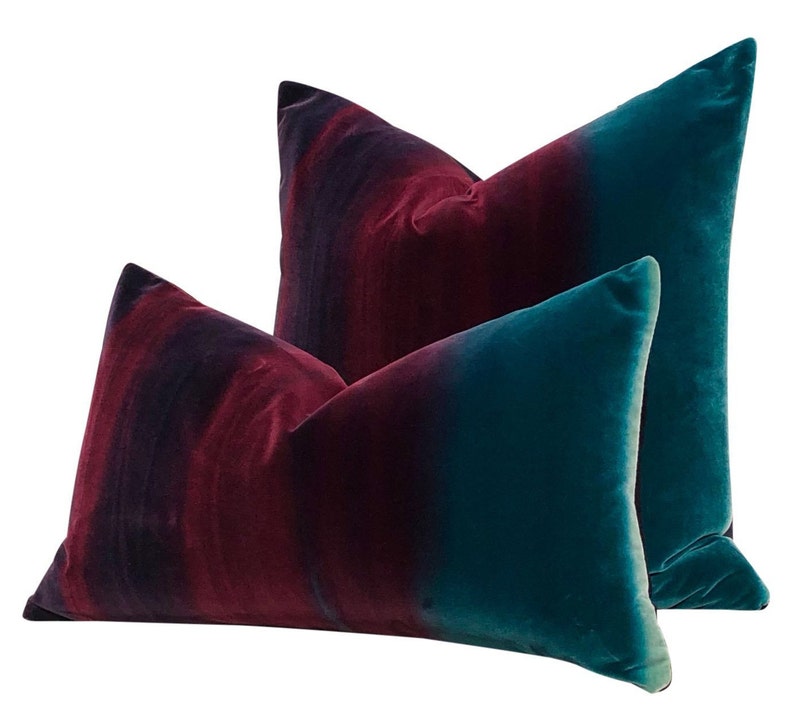 Ombre Velvet Pillow Lagoon, Burgundy and Loganberry. Amazilia Plush Velvet Pillows, high End Designer Pillows, Luxury Velvet Pillow Covers image 1