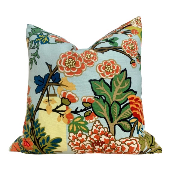 Chang Mai Dragon Pillow in Aqua. Decorative Floral Asian Lumbar Linen Pillow in Spa Chinoiserie Pillow Euro Sham Pillow, Schumacher pillow