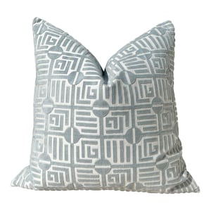 Thibaut Labyrinth Velvet Pillow in Mist. High End Pillows, Designer Raised Velvet Pillows, Geometric Velvet Pillows in Aqua, Euro Sham Cover
