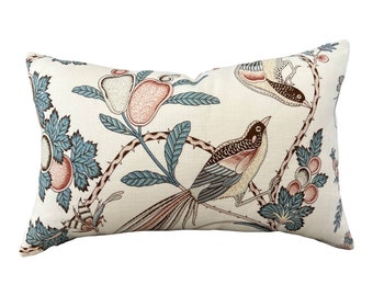 Schumacher Campagne Pillow -  Peacock Rouge. Lumbar Linen Pillow, Designer Pillows, High End Pillows, Blush Aqua Pillow Case