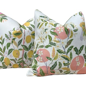 Schumacher Citrus Garden Pillow in Blush. Designer Outdoor Pillows, Josef Frank Accent Cushion Cover Blush Yellow, Lemon Tree Accent Pillow