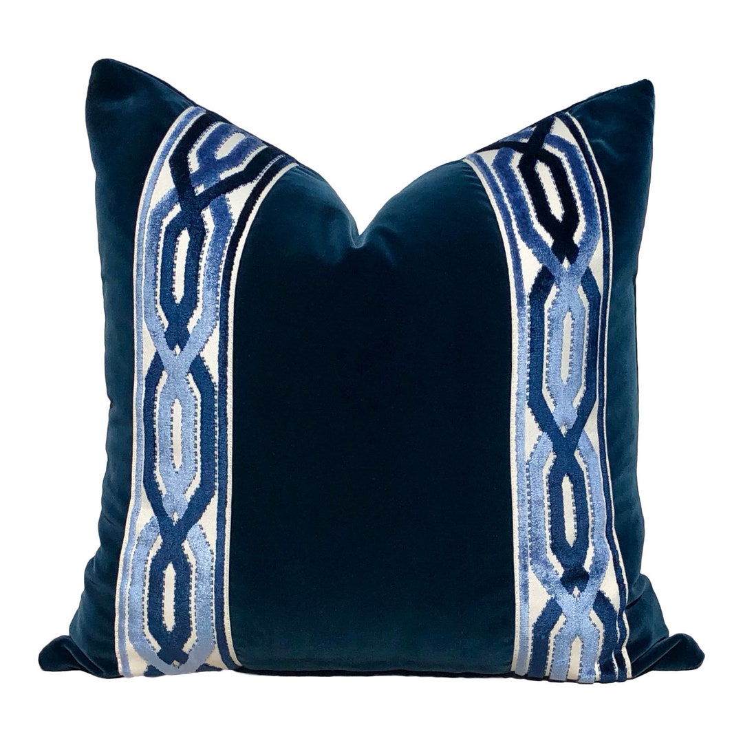Velvet Pillow in Midnight Blue With Woven Velvet Trim, Lumbar Velvet