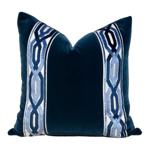 Velvet Pillow in Midnight Blue with Woven Velvet Trim, Lumbar Velvet Throw Pillow, Designer Blue Pillow Sham, Plush Velvet Cushion Cover