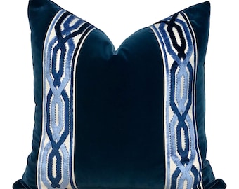 Velvet Pillow in Midnight Blue with Woven Velvet Trim, Lumbar Velvet Throw Pillow, Designer Blue Pillow Sham, Plush Velvet Cushion Cover