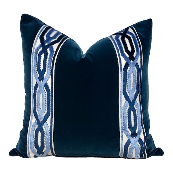 Velvet Pillow in Midnight Blue with Woven Velvet Trim, Lumbar Velvet Throw Pillow, Designer Blue Pillow Sham, Plush Velvet Cushion Cover